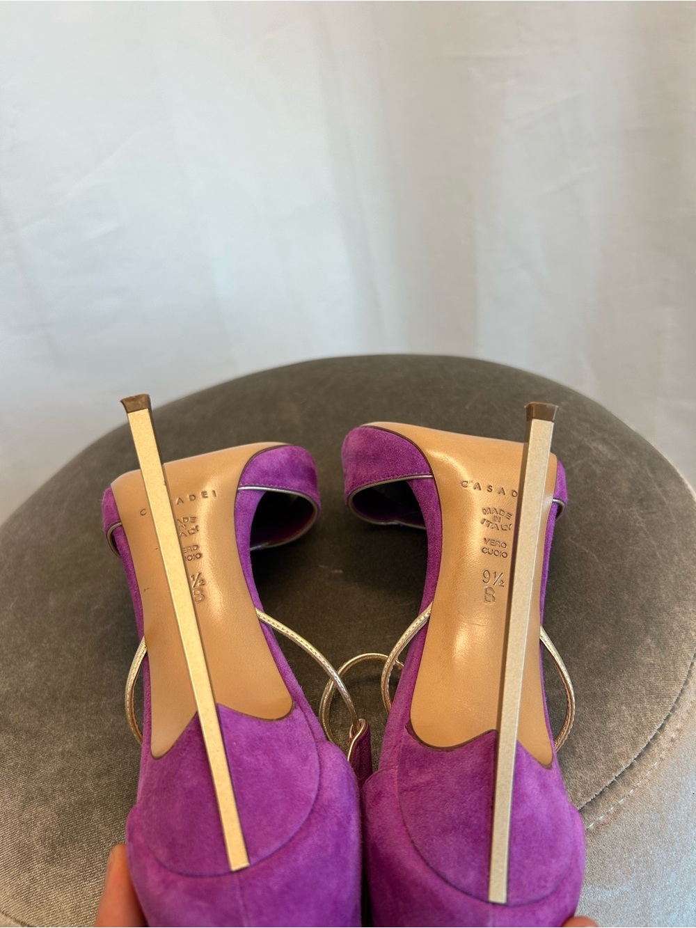 Casadei purple suede Blade high-heeled open toe sandals metallic gold strap 9.5 - Picture 7 of 9